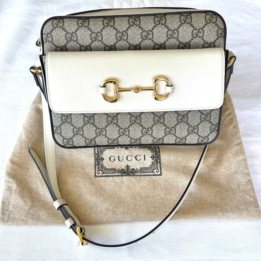 GUCCI HORSEBIT 1955 SMALL SHOULDER BAG - Beige & Ebony GG Supreme